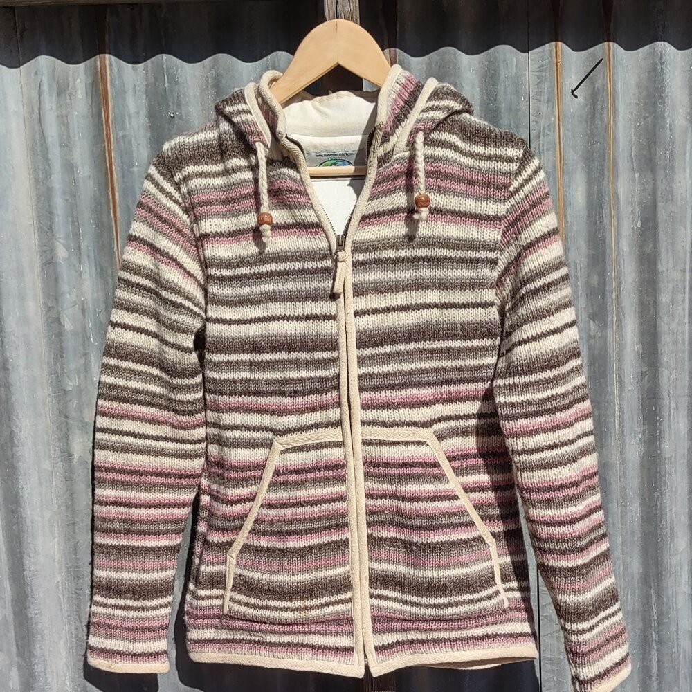 Laundromat Striped Wool Sweater Jacket Sz Medium Hood Full Zip Outdoor